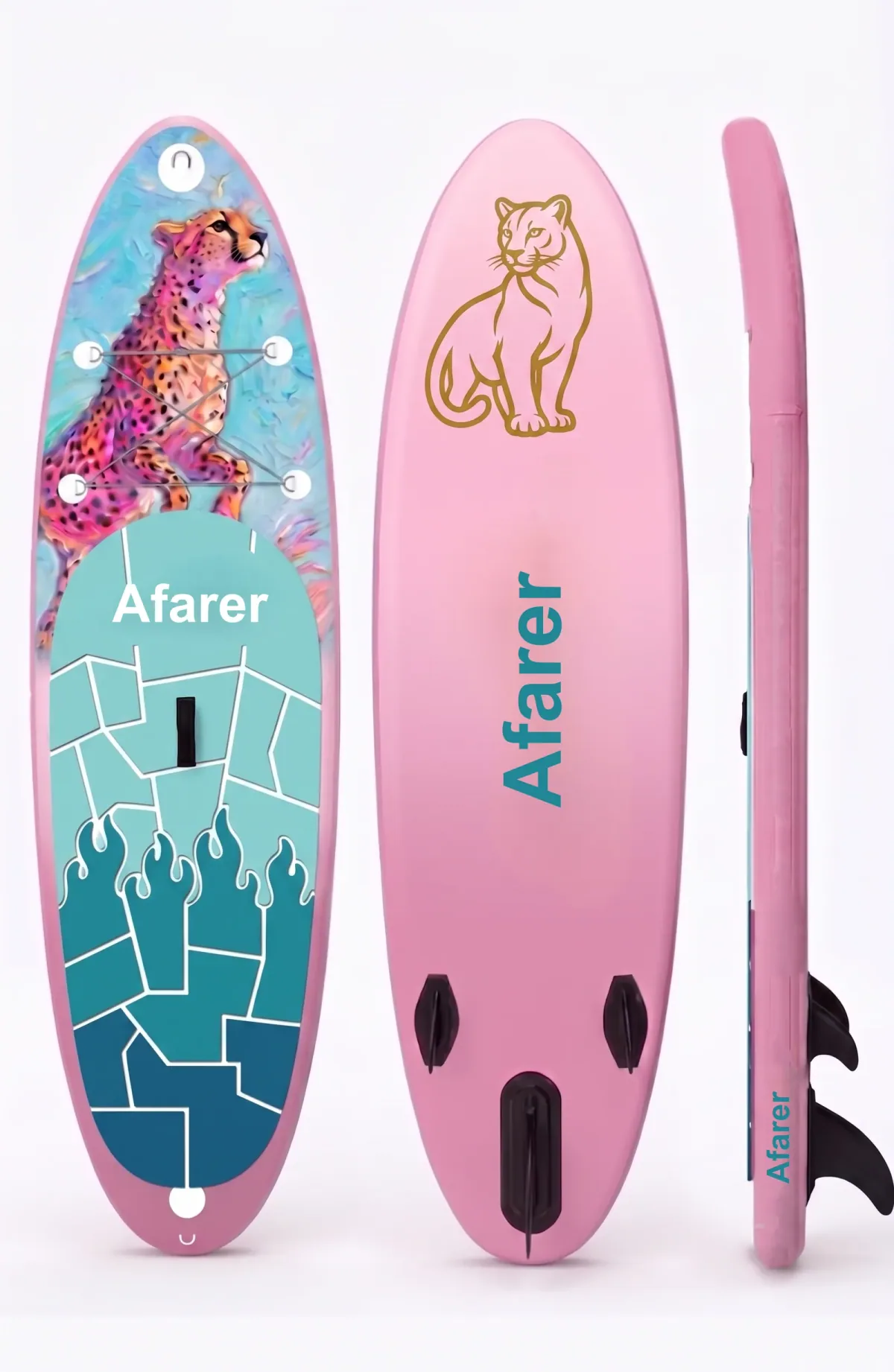 Cheetah Surge SUP board — wild cheetah motif deck detail