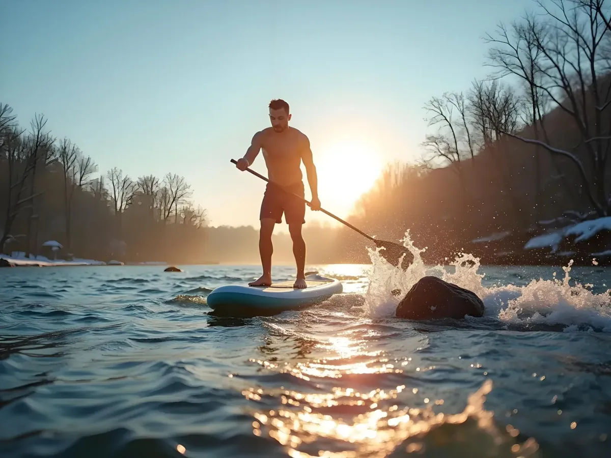 Dolphin Wave inflatable SUP paddling on glassy lake water
