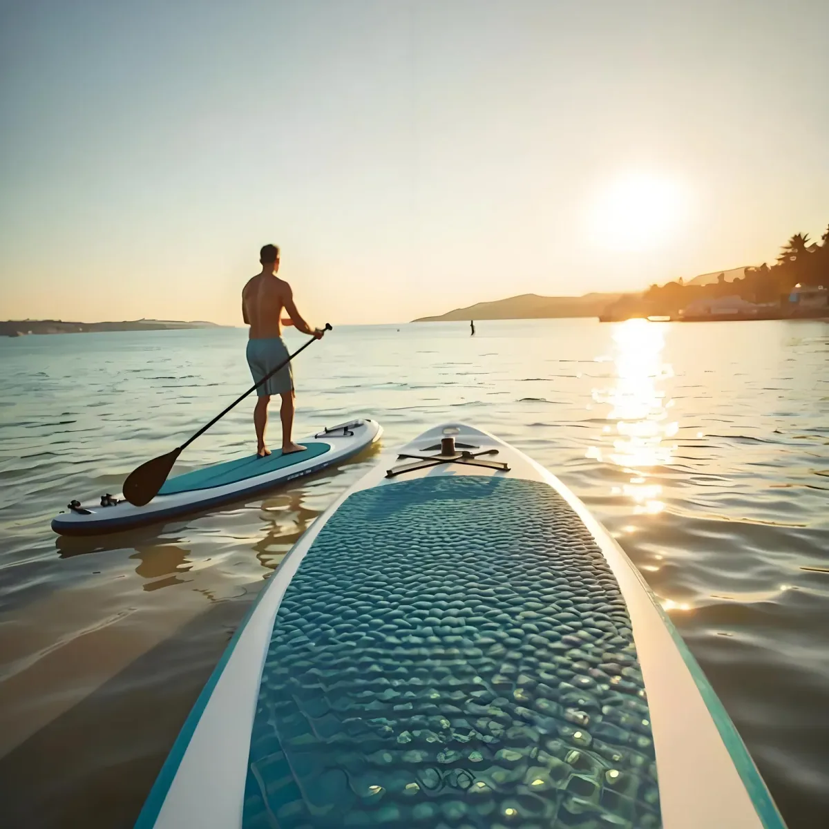 Dolphin Wave inflatable SUP on flatwater at golden hour