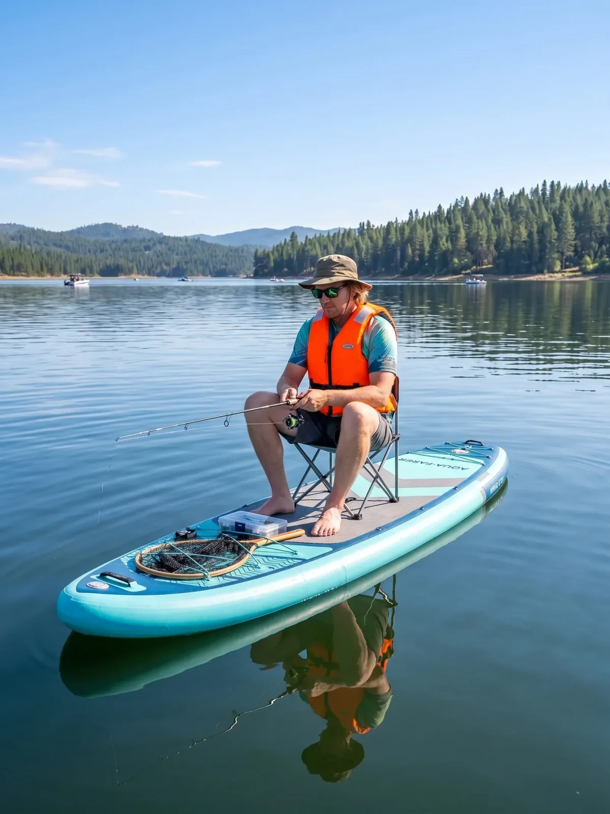 Inflatable Fishing SUP app showing on-water fishing use