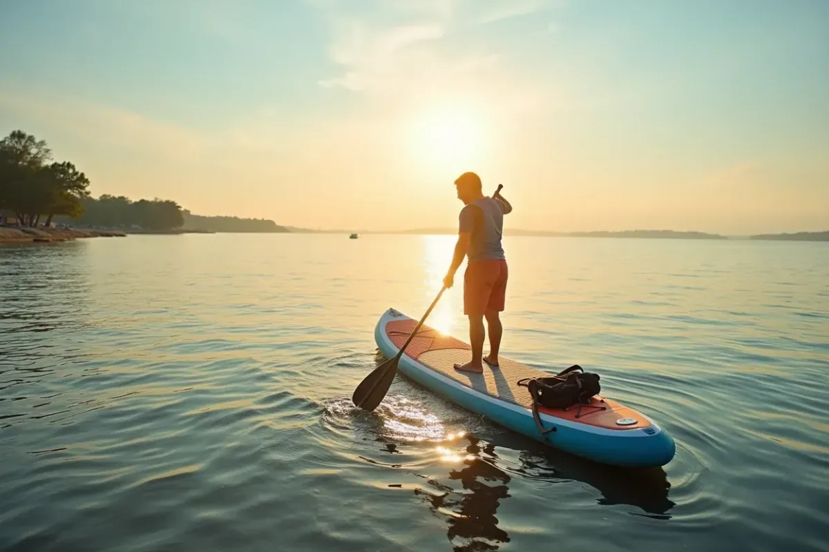 Jungle Mandala inflatable SUP at sunset on a resort beach