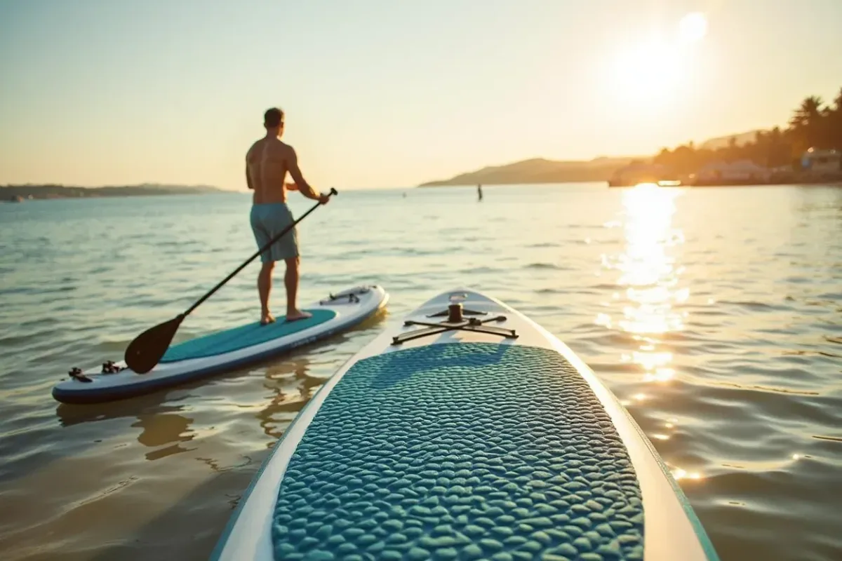Jungle Mandala SUP board packed with travel backpack by the shoreline