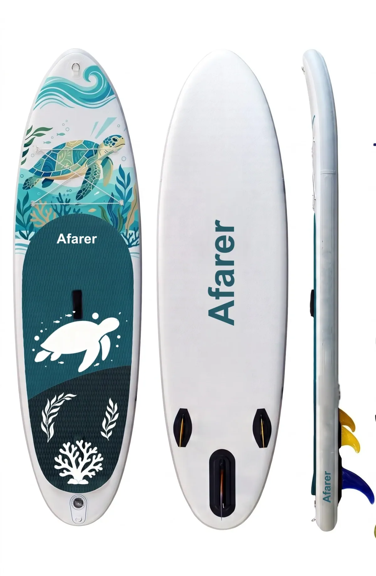 Ocean Voyager SUP board — sea turtle nose artwork and traction pad detail